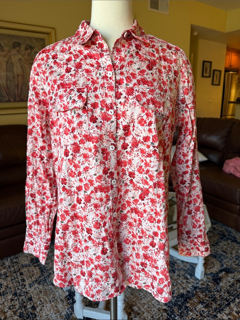 Foxcroft Red and White Floral Button-Down Shirt
